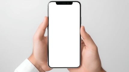 Male holding cell phone in hands using blank white mockup ai generated - obrazy, fototapety, plakaty
