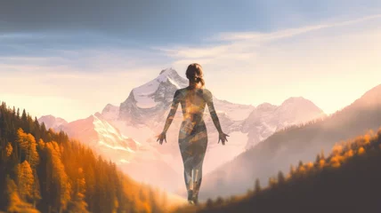 Deurstickers Woman in Yoga Full Body Backlit Pose in the breath taking Alpine. Generative AI image weber. © Summit Art Creations