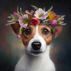 Artistic painting of a jack russell terrier dog portrait with a wreath of cheerful-colored flowers, little breed dog with an artistic style for a print of a painting.
Artificial intelligence-generated