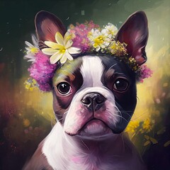 Artistic painting of a boston terrier dog portrait with a wreath of cheerful-colored flowers, little breed dog with an artistic style for a print of a painting.
Artificial intelligence-generated image - obrazy, fototapety, plakaty
