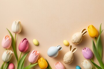 Easter decorations concept. Top view photo of colorful easter eggs ceramic easter bunny and tulips on isolated light beige background with empty space, Generative AI  - obrazy, fototapety, plakaty