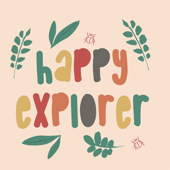 cute happy explorer with branch leaf as a vector for baby fashion