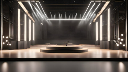 3d rendering of a stage with spotlights in the dark room 