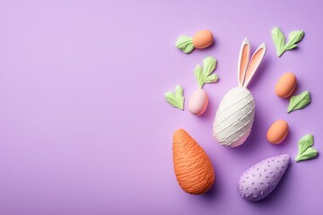 Easter concept. Top view photo of carrots easter bunny ears and textile easter eggs on isolated pastel purple background with copy space, Generative AI 