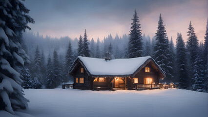 Beautiful winter landscape with wooden house in the Carpathian mountains  - obrazy, fototapety, plakaty
