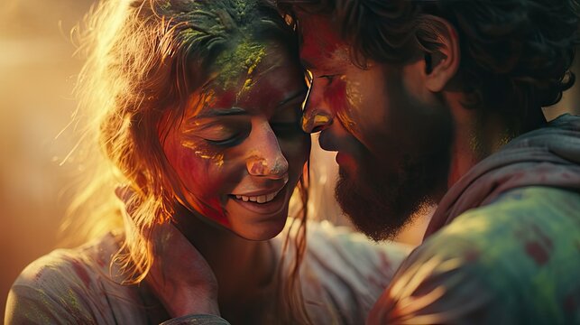 Happy couple puts paint on their faces during Holi celebration. indian holi festival