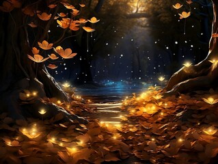 Enchanted Path: Magical Forest Scene with Golden Leaf Path and Starlit Sky in Autumn