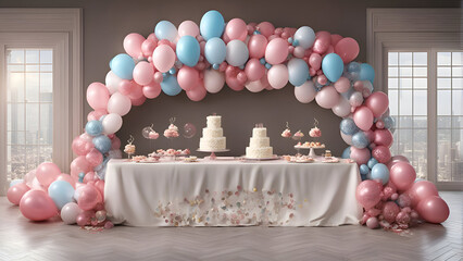 Wedding cake with pink and blue balloons. 3d rendering 