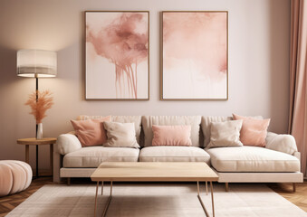 Modern white living room with an abstract painting, minimalist design, copy space. Website images	