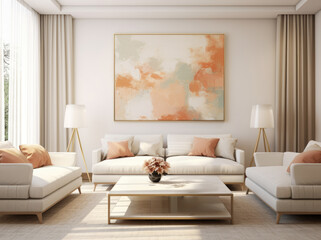Fototapeta na wymiar Modern white living room with an abstract painting, minimalist design, copy space. Website images 