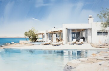 Fototapeta premium A large white villa beside a pool with a view of the ocean, copy space. Website images 