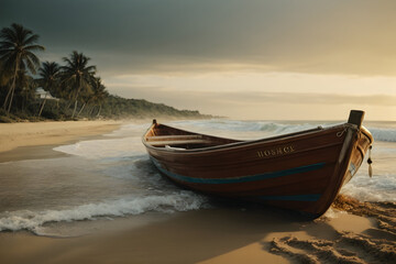 Naklejka na ściany i meble boat on the beach at sunset
