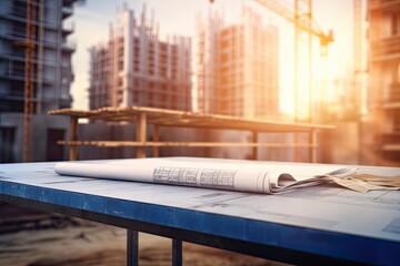 Blue Prints on a construction side with blurred background