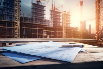 Blue Prints on a construction side with blurred background