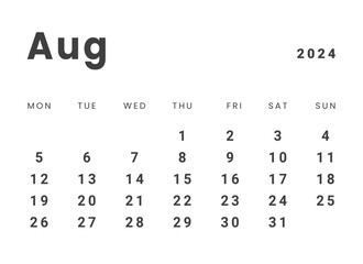 Template design of Monthly Calendar on august 2024. Vector layout minimal calendar with week start Monday.