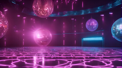 Disco club background with disco ball and lights. 3d rendering 