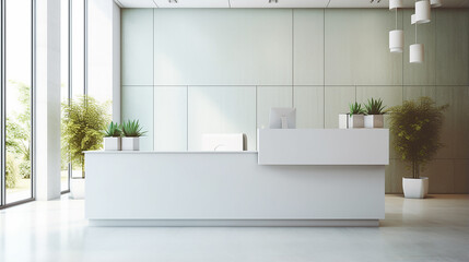 Minimalist hospital reception counter area in white style and with a modern counter design.