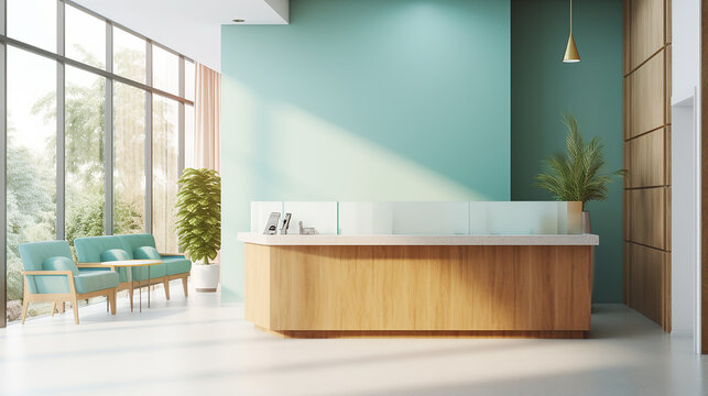 Minimalist hospital reception counter area in white and wood style with modern wood counter design.