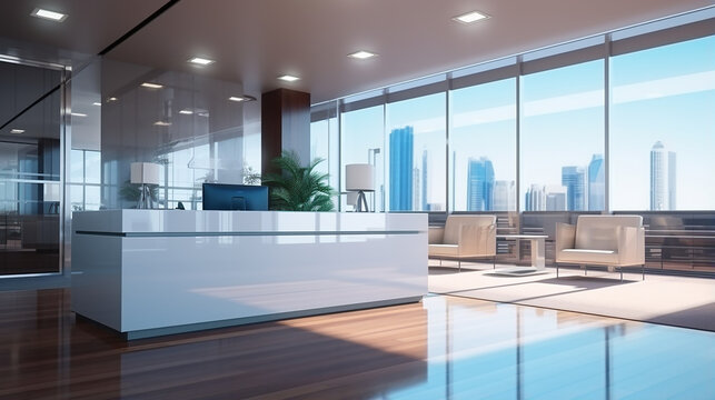 Minimalist hospital reception counter area in white style and with a modern counter design.