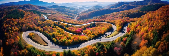 aerial view of aerial view of fall road curves of beautiful scenic mountains around, generative AI
