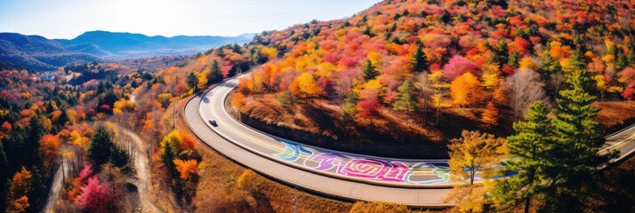 aerial view of aerial view of fall road curves of beautiful scenic mountains around, generative AI - obrazy, fototapety, plakaty