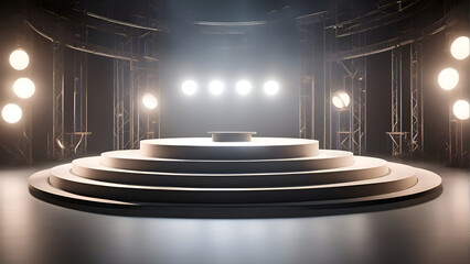 Round stage podium illuminated with spotlights. Award ceremony concept. 3D Rendering 