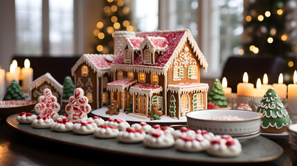 Christmas house made of cake, with Christmas tree, snow