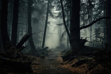 Forest in fog creating a mysterious atmosphere 