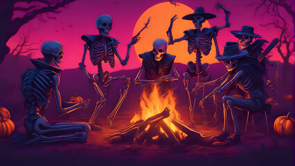Halloween background with a group of skeleton in front of a bonfire 
