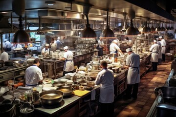 Gourmet chef prepares meals in bustling restaurant kitchen. Culinary expertise, busy staff, delicious cuisine.