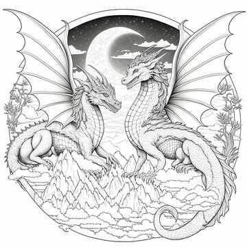 detailed dragons in the sky in black and white coloring book style 