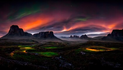 Putorana Plateau at dawn valley dramatic lighting aurora borealis 8K  - obrazy, fototapety, plakaty