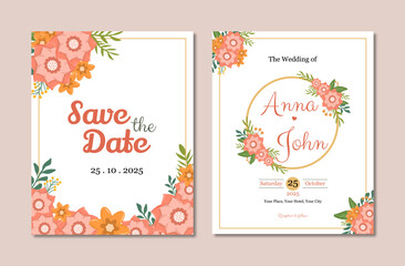 Pink and Orange Floral Blossom Bouqet Wedding Invitation Card Vector