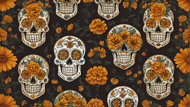 Day of the Dead. Seamless pattern with sugar skulls and flowers 