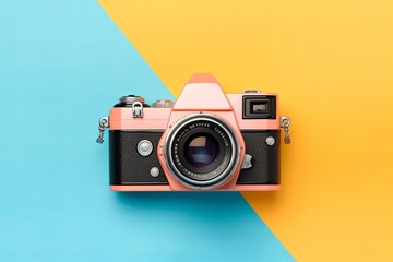 Photo camera creative concept background. Vintage retro photo camera on a colored background. Travel, vacation and photography concept, Generative AI 