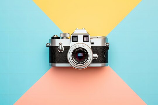Photo camera creative concept background. Vintage retro photo camera on a colored background. Travel, vacation and photography concept, Generative AI 