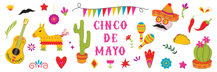 Cinco de Mayo Mexican holiday elements set. Traditional Mexican symbols. Cactus, skull, pinata, guitar, flowers, red pepper. Colorful hand drawn vector illustration.