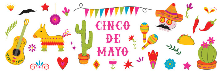 Cinco de Mayo Mexican holiday elements set. Traditional Mexican symbols. Cactus, skull, pinata, guitar, flowers, red pepper. Colorful hand drawn vector illustration. © gorozhinak