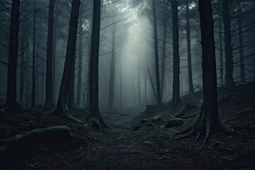 Fototapeta premium Forest in fog creating a mysterious atmosphere 
