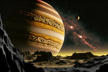 photorealistic planet jupiter hanging in sky over sulfurous volcanic Io landscape black sky pastel bands on Jupiter yellowish foreground terrain raytraced Io  - obrazy, fototapety, plakaty