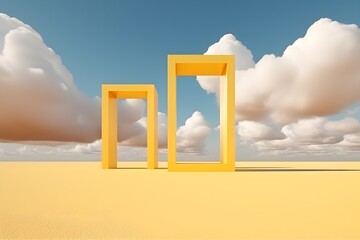 3d Render, Surreal Desert Landscape With White Clouds Going Into The Yellow Square Portals On Sunny Day. Modern Minimal Abstract Background