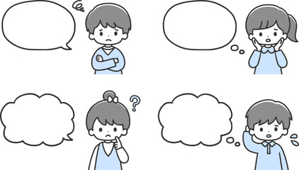 困った表情の子どもたちと吹き出しのセット