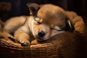 puppy sleeping in a basket