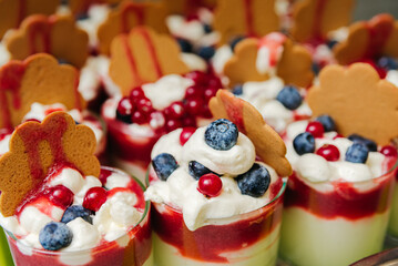 Close-up of creamy dessert with ginger cookie, whipped cream, red currant jam, and blueberries in glasses
