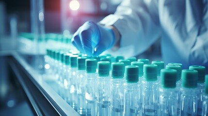 A pharmaceutical manufacturing plant scientist inspects medicine bottles wearing hygienic gloves. Pharmaceutical machinery working pharmaceutical glass bottle production line