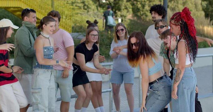 Communal activity. Dancers come together in groups or crews to practice and perform. Collaborative choreography and group routines are common in street dance performances. Youthful demographic