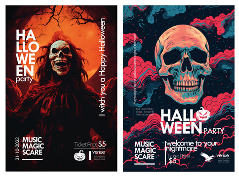 Happy Halloween party poster set, abstract skull skeleton halloween flyer, Art cover horror night. October 31 holiday evening promotional artwork. Typography print template