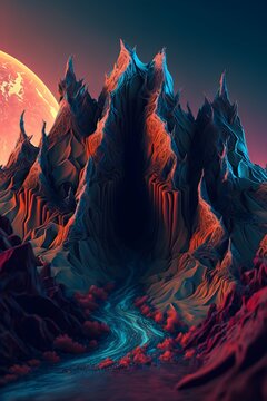 Surreal mountains capella in the form of an ocean murim lovecraft horror nightmare fuel fantasy twotone colors in the style of digital ink bold line art natural volumetric lighting colorful HDR 