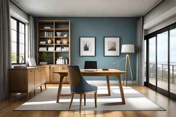 Home office furniture  desk with chair. Workplace ergonomics. Fully editable, interior with cozy atmosphere and bookcases on background  3d render