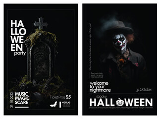 Happy Halloween party poster set, abstract skull skeleton halloween flyer, Art cover horror night. October 31 holiday evening promotional artwork. Typography print template